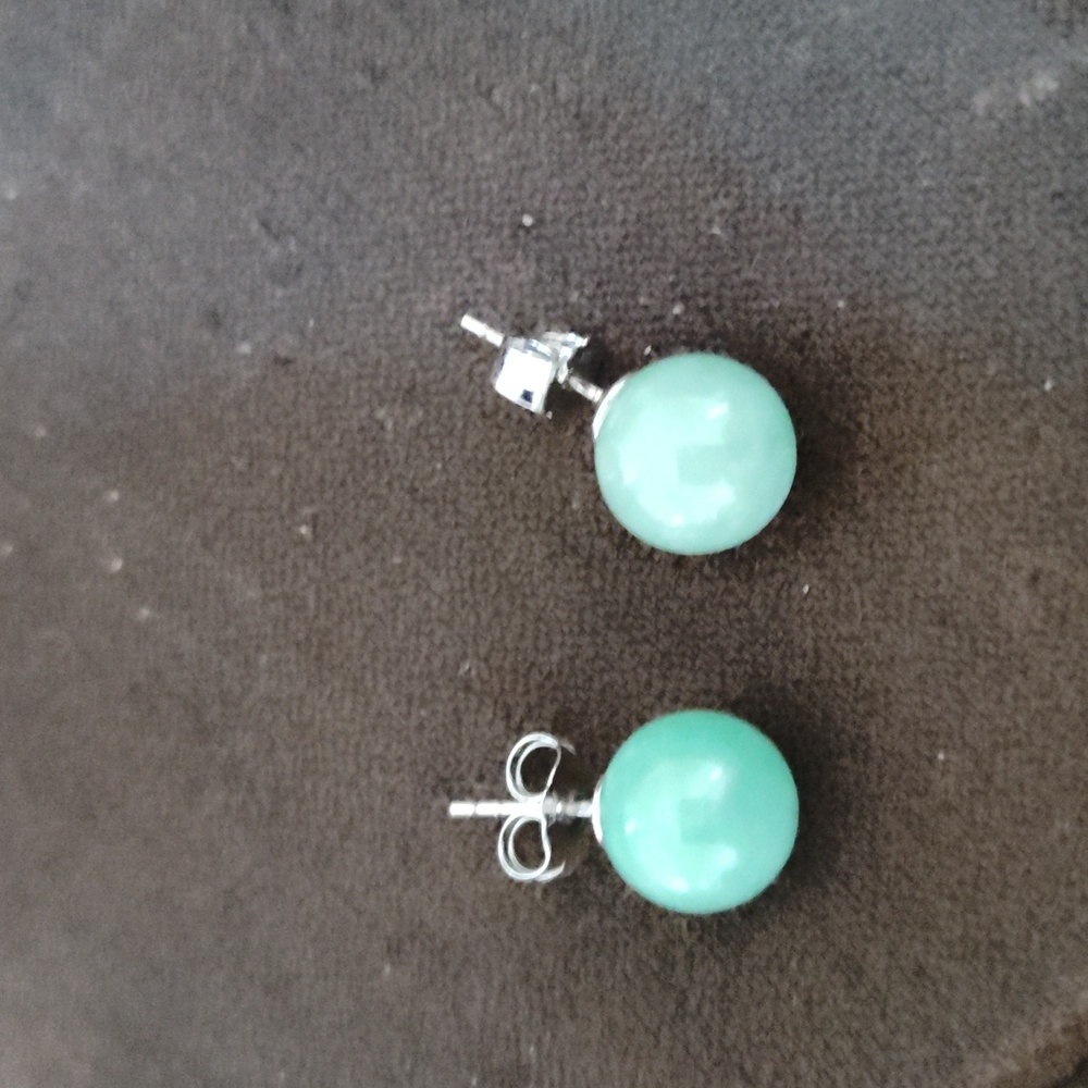 Light green jade half bead silver ear studs